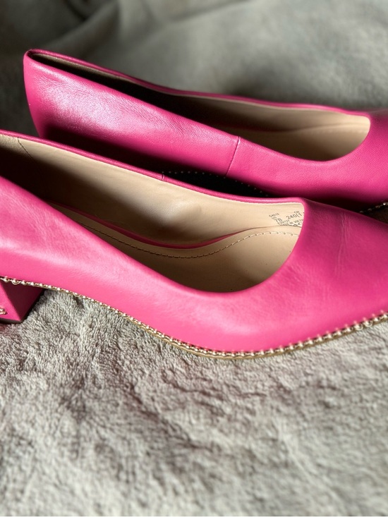 Coach Shoes - Coach Fuchsia Leather Mid Block Heel Pumps with Gold Chain Trim